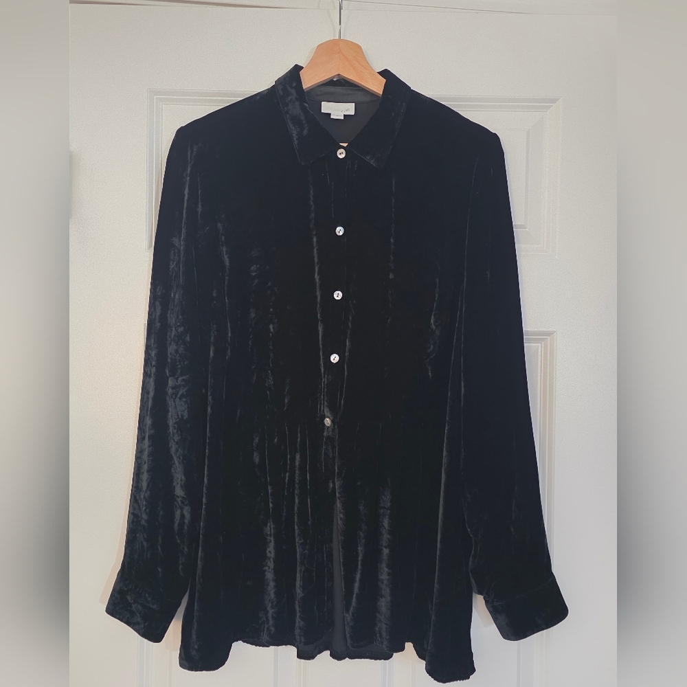 J. Jill Black Crushed Velvet Loose Fit Button-Up Shirt Goth Lagenlook Womens Med